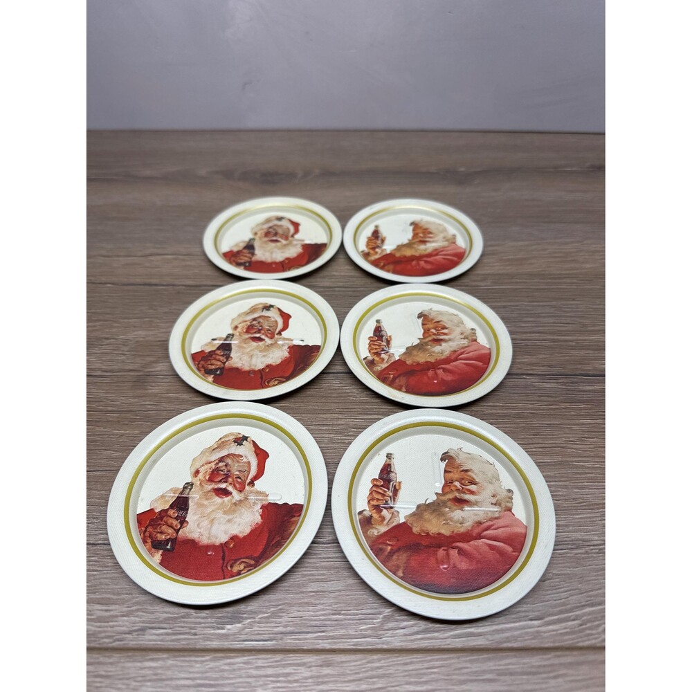 VTG 1983 Ohio Art Metal Coca Cola Santa Coasters Set of 6 Holiday Retro Barware